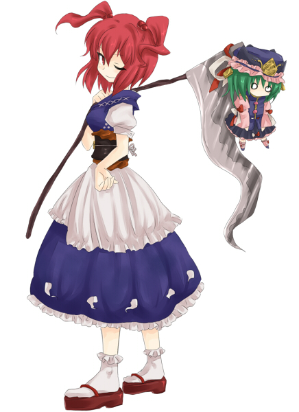 niji (nijioki), onozuka komachi, shiki eiki, touhou, white legwear, bad id, bad pixiv id, 2girls, blue dress, bobby socks, chibi, dress, empty eyes, female focus, geta, green hair, hat, looking at viewer, mini person, minigirl, mob cap, multiple girls, o o, obi, okobo, platform sandals, puffy short sleeves, puffy sleeves, red eyes, red hair, restrained, sandals, sash, scythe, short sleeves, simple background, socks, surprised, tabi, twintails, two side up, white background