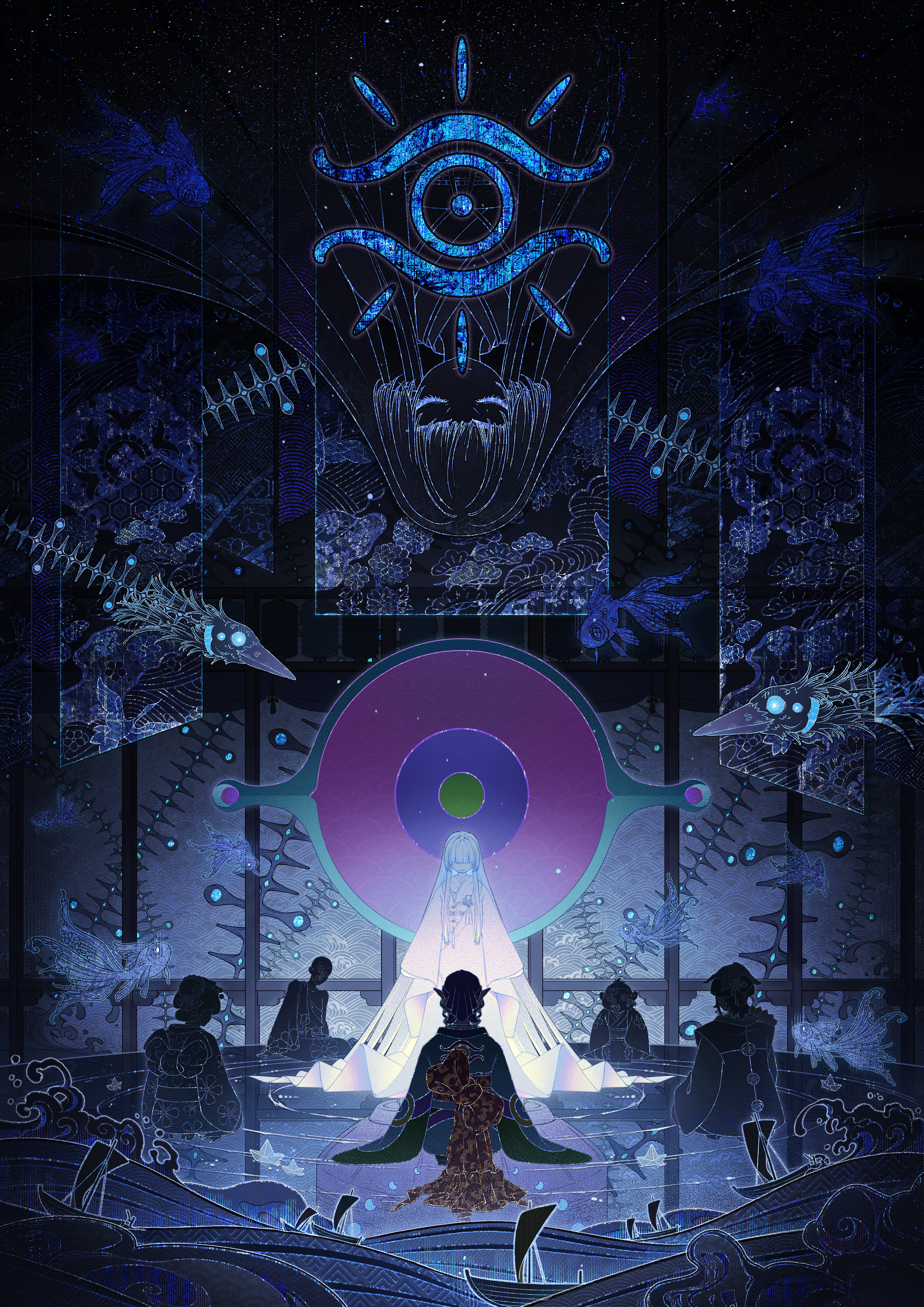 kayo (mononoke), kusuriuri (mononoke), oyou, mononoke, absurdres, commentary request, highres, 2girls, 4boys, back bow, bandana, boat, bow, closed eyes, closed mouth, eye symbol, eyelashes, fish, flying fish, genkei (mononoke), ghost, glowing, hair over eyes, japanese clothes, kimono, light particles, long hair, looking at another, multiple boys, multiple girls, multiple views, pointy ears, rice-fanfan, ripples, sailboat, seiza, silhouette, sitting, sitting on water, sougen (mononoke), train (clothing), watercraft, waves, yanagi genyousai