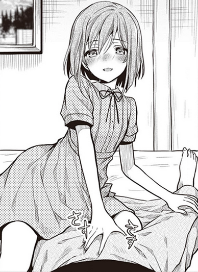 hara tsumoi, kono shima ni wa midara de jaaku na mono ga sumu, non-web source, 1girl, blush, collared dress, dress, fingering, fingering through clothes, flat chest, greyscale, monochrome, naughty face, neck ribbon, nose blush, ribbon, short hair, short sleeves, smile, straddling, thigh straddling, through clothes, yoruto umi