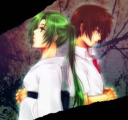 maebara keiichi, sonozaki mion, sonozaki shion, higurashi no naku koro ni, watanagashi-hen, 00s, 1boy, 1girl, alternate hairstyle, back-to-back, brown hair, from side, green hair, japanese clothes, kimono, long hair, looking down, looking up, obi, own hands clasped, own hands together, ponytail, sash, shirt, short hair, white shirt, yukata