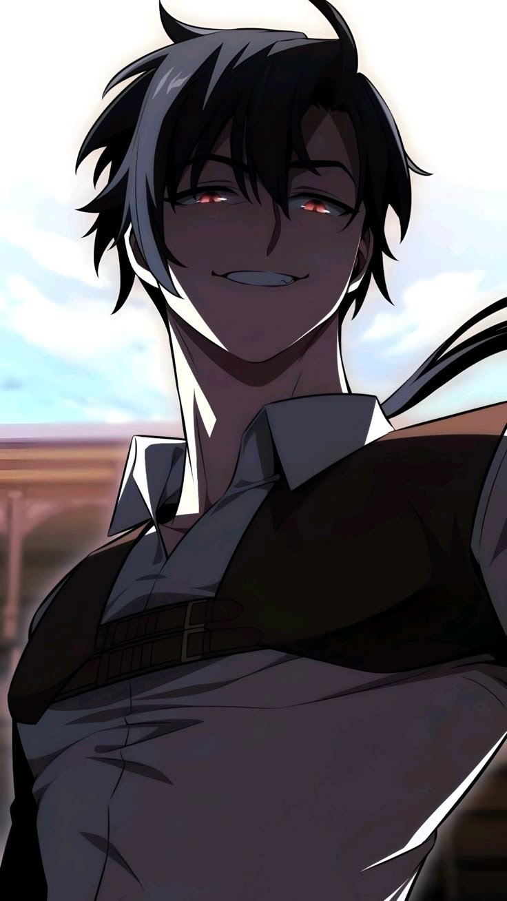 1boy, black hair, cori loch, i killed the player of the academy, long hair, red eyes, smile
