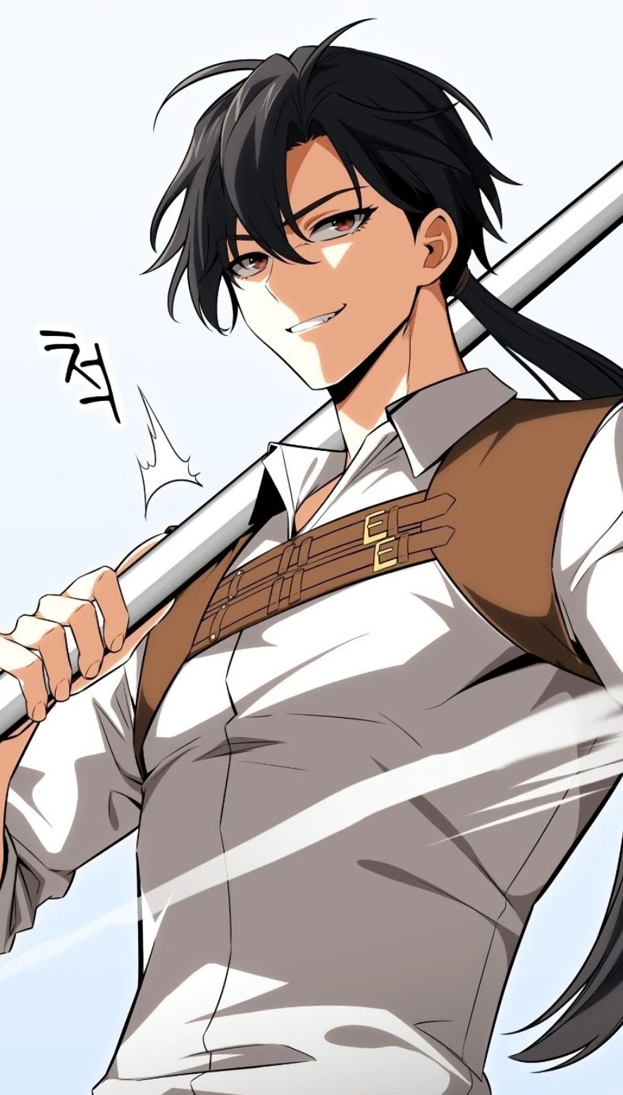1boy, black hair, cori loch, i killed the player of the academy, long hair, orange eyes, smile, sword, weapon, white background