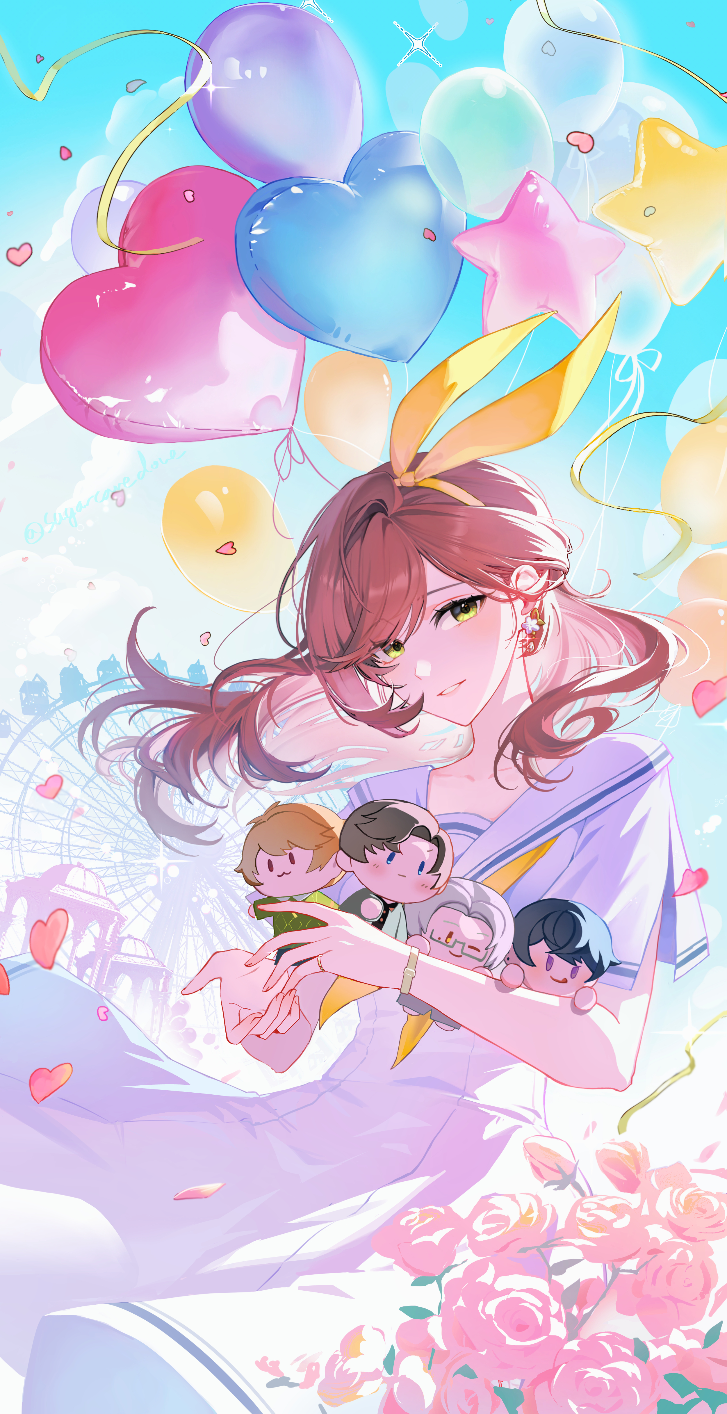 sugarcanedove, artem wing (tears of themis), luke pearce (tears of themis), marius von hagen (tears of themis), rosa (tears of themis), vyn richter (tears of themis), tears of themis, absurdres, commentary request, highres, 1girl, balloon, blue sky, brown hair, character doll, cloud, day, doll, dress, ferris wheel, flower, green eyes, hair ribbon, hairband, heart balloon, long hair, looking at viewer, neckerchief, outdoors, pink flower, pink rose, ribbon, rose, sailor collar, sailor dress, short sleeves, sky, smile, solo, star balloon, white dress, white sailor collar, yellow hairband, yellow neckerchief, yellow ribbon