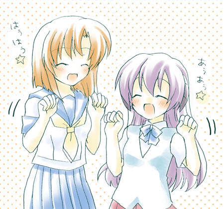 hanyuu, ryuuguu rena, higurashi no naku koro ni, lowres, 00s, horns, orange hair, purple hair, red hair, school uniform, serafuku, smile