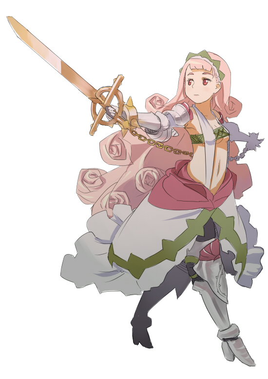 jitsu hidari, original, 1girl, armor, chain, female focus, flower, long hair, midriff, pink hair, rose, solo, sword, weapon