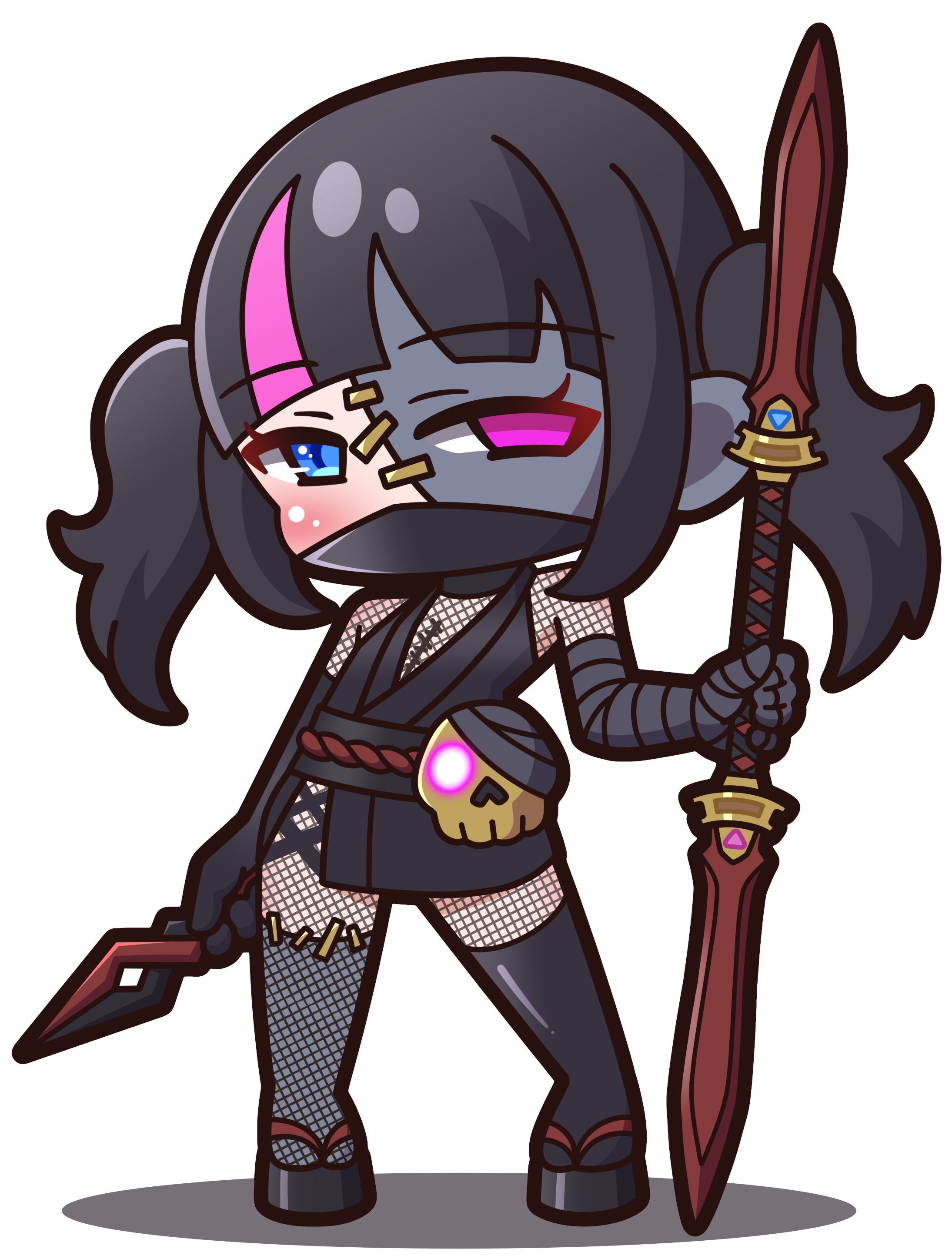 saishosaisekojo, original, absurdres, commentary request, highres, weapon request, 1girl, bandage over one eye, black hair, black kimono, black sandals, black thighhighs, blue eyes, bodystocking, chibi, fishnet bodystocking, fishnets, full body, glowing, glowing eye, holding, holding weapon, japanese clothes, kimono, looking at viewer, mask, mouth mask, multicolored hair, patchwork skin, pink eyes, pink hair, sandals, shadow, simple background, single thighhigh, skull, solo, standing, stitches, streaked hair, thighhighs, twintails, weapon, white background, zouri