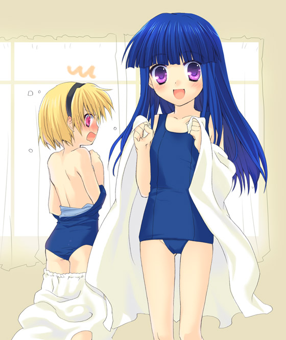 fuyuichi, furude rika, houjou satoko, higurashi no naku koro ni, 00s, 2girls, blonde hair, blue hair, blue one-piece swimsuit, dressing, female focus, hairband, loli, long hair, multiple girls, one-piece swimsuit, purple eyes, red eyes, school swimsuit, short hair, surprised, swimsuit, towel, undressing