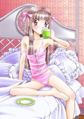 jpeg artifacts, lowres, barefoot, bed, drinking, flat chest, lingerie, long hair, long legs, panties, skinny, solo, underwear