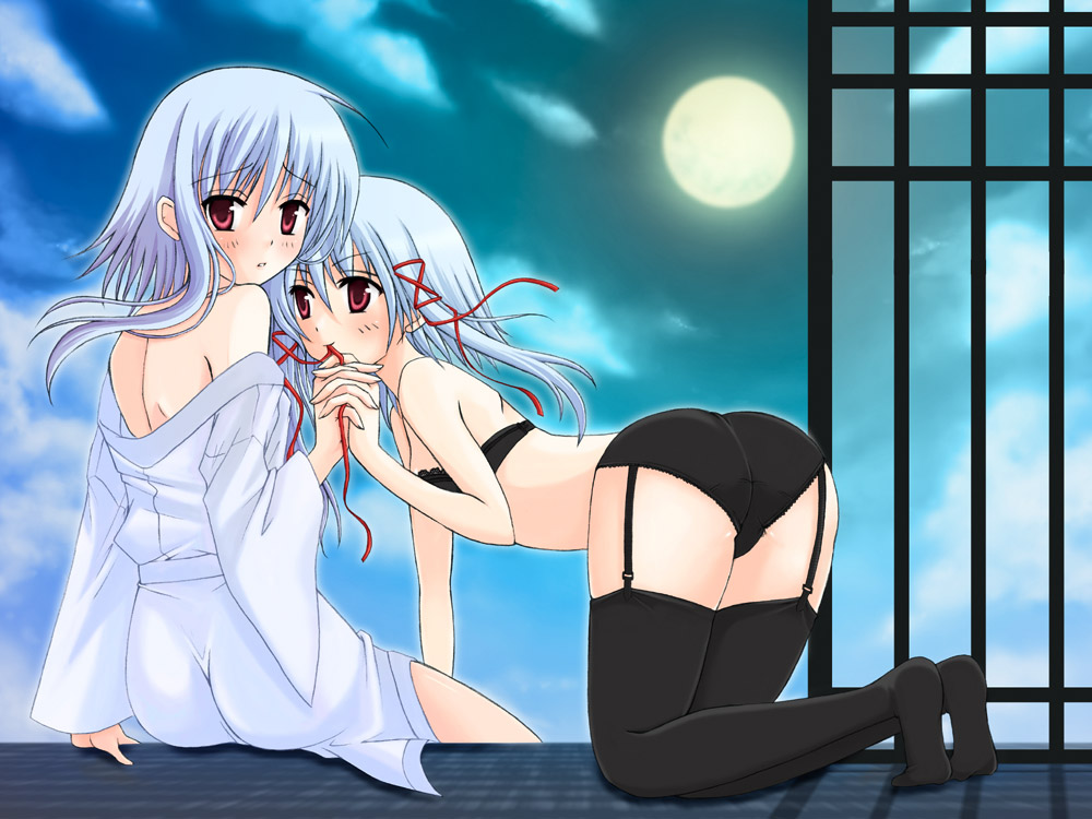 haco, haco (risebox), morimiya aono, sola, 00s, 2girls, blue hair, bra, dual persona, lingerie, moon, multiple girls, panties, red eyes, thighhighs, time paradox, underwear, underwear only