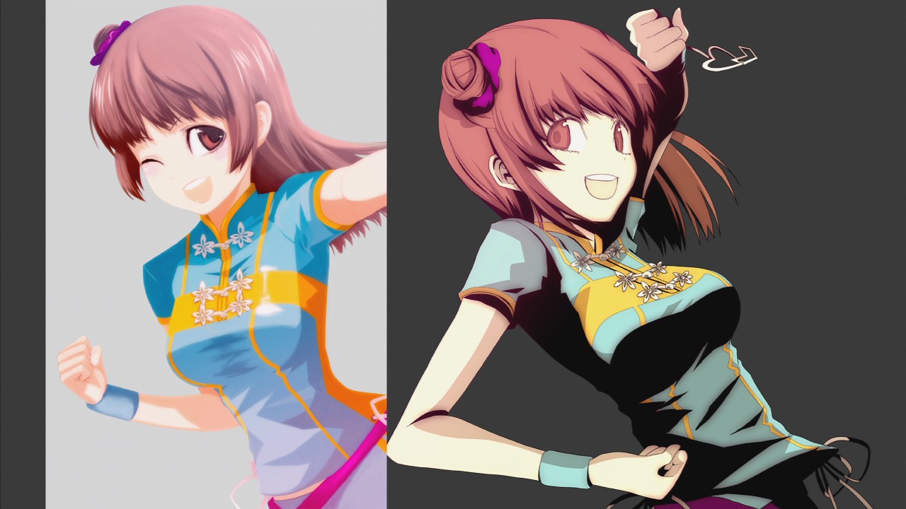 sogabe shuuji, takayama mizuki, baek changpo, senkou no ronde, china dress, chinese clothes, dress, hair bun, happy, one eye closed, pink eyes, pink hair, single hair bun, wink, wristband