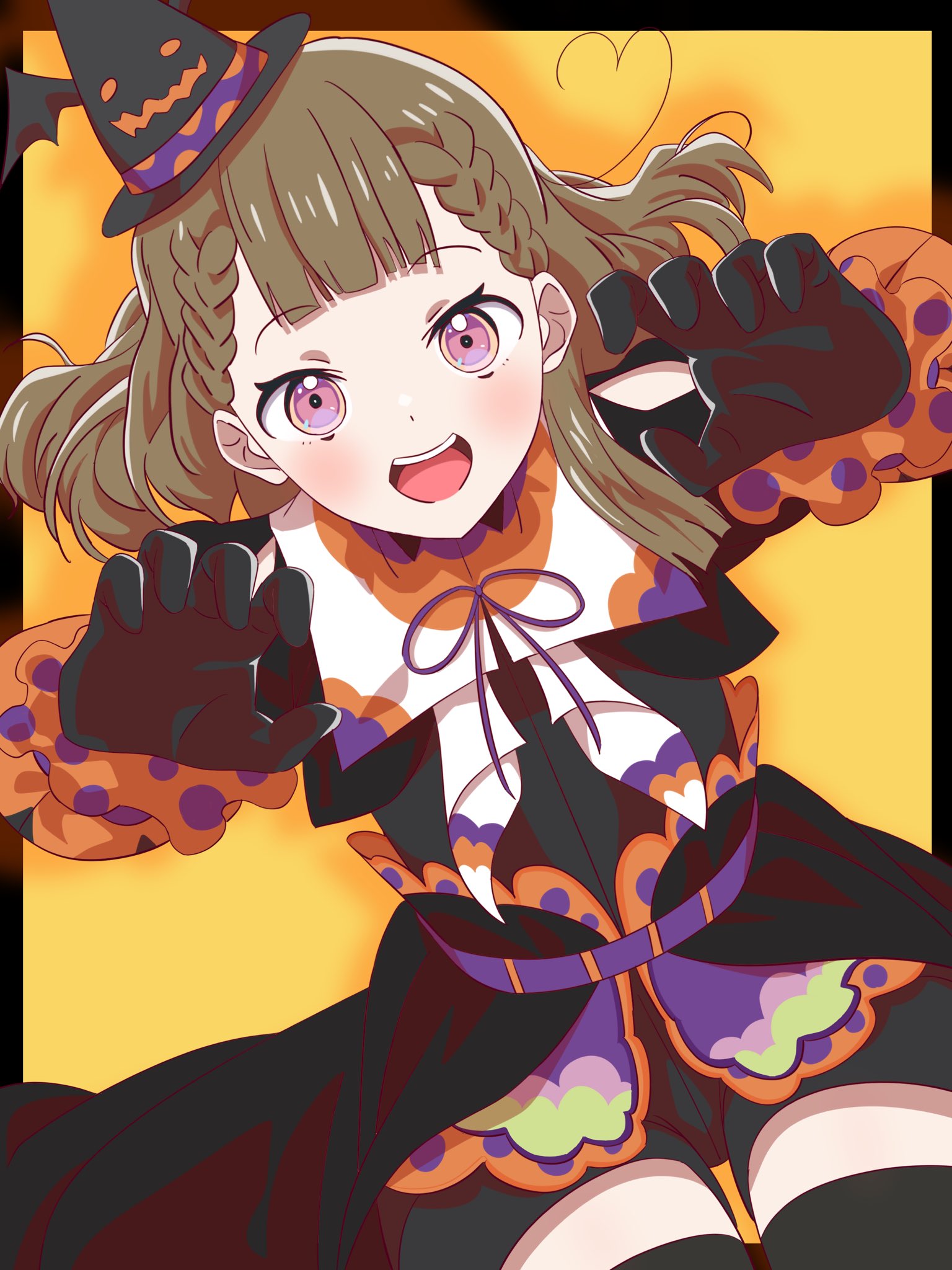 myrain56991013, kachimachi kosuzu, link! like! love live!, love live!, commentary, highres, 1girl, :d, ahoge, black gloves, black hat, black shorts, black thighhighs, braid, brown hair, center-flap bangs, claw pose, gloves, hat, heart, heart ahoge, looking at viewer, mini hat, mini witch hat, neck ribbon, official alternate costume, open mouth, orange background, pink eyes, purple ribbon, ribbon, shorts, side ahoge, side braids, smile, solo, teeth, thighhighs, trick & cute (love live!), upper teeth only, virtual youtuber, witch hat, yellow background