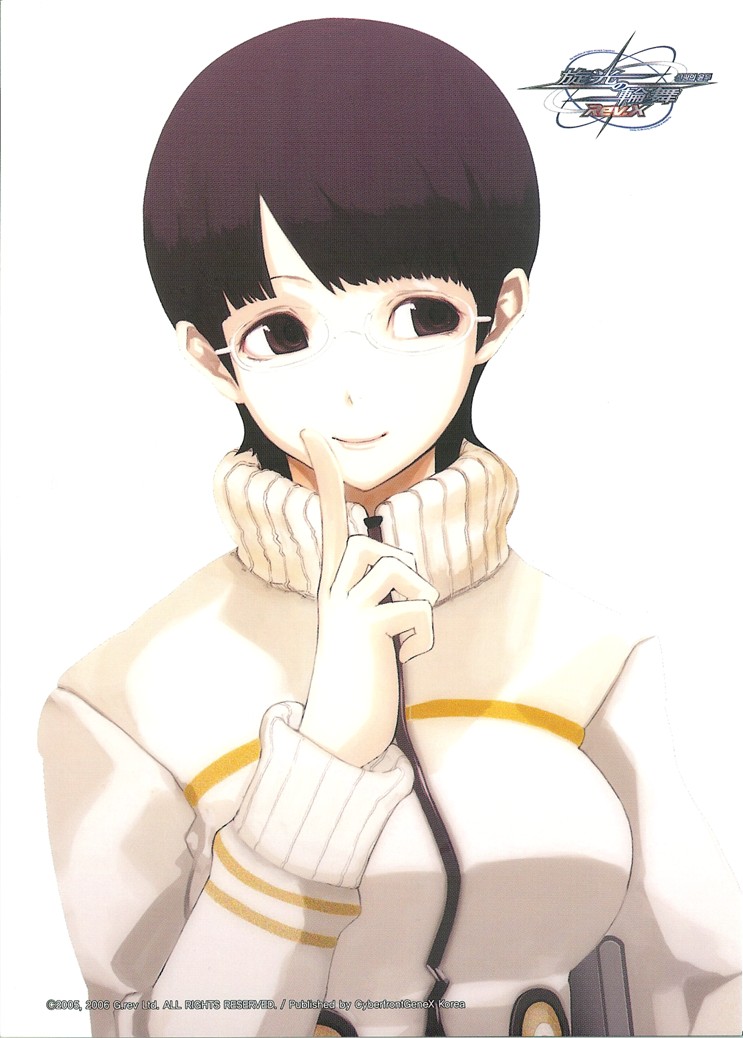 sogabe shuuji, takayama mizuki, sakurako sanjo, sanjou sakurako, senkou no ronde, official art, scan, 1girl, black eyes, black hair, blunt bangs, closed mouth, company name, copyright name, dated, female focus, glasses, holding, index finger raised, korean text, light smile, logo, long sleeves, looking to the side, parted bangs, pointing, purple eyes, purple hair, short hair, simple background, smile, solo, sweater, turtleneck, upper body, white background