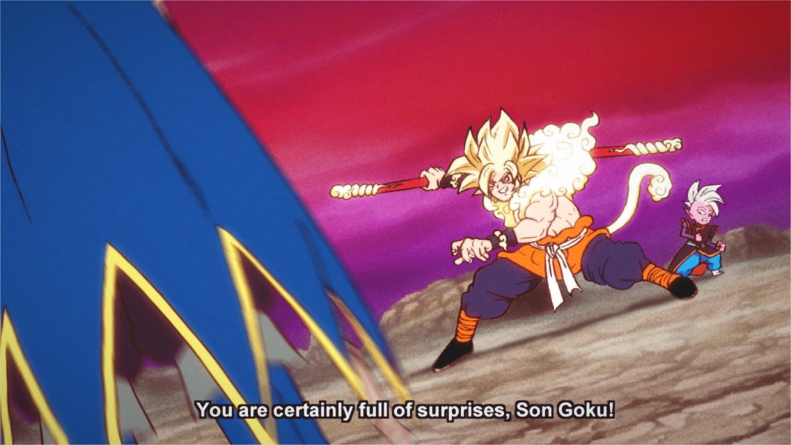 ashofourtime, shin (dragon ball), son goku, dragon ball, dragon ball daima, tagme, blonde hair, cloud, fake screenshot, fighting stance, gradient sky, holding, holding polearm, holding weapon, kaioushin, long hair, monkey tail, muscular, muscular male, polearm, purple sky, red sky, sidelocks, sky, tail, topless male, weapon, wristband
