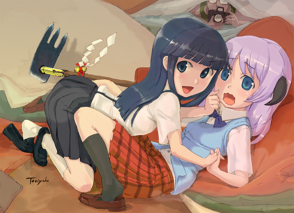 sasaki toshiyuki, furude rika, hanyuu, tomitake jirou, higurashi no naku koro ni, black legwear, light purple hair, white legwear, 00s, 1boy, 2girls, all fours, bell, between legs, blue eyes, blue hair, blush, camera, futon, hiding, hime cut, hoe, holding hands, horns, interlocked fingers, jingle bell, loafers, long hair, looking at viewer, lying, multiple girls, plaid clothes, plaid skirt, pleated skirt, school uniform, serafuku, shirt, shoe dangle, shoes, short sleeves, signature, skirt, smile, suspender skirt, suspenders, vest, voyeurism, wavy mouth, worktool