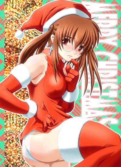 caryo, copyright request, 1girl, bare shoulders, brown hair, christmas, cross, cross earrings, earrings, female focus, glasses, hat, jewelry, long hair, merry christmas, panties, red eyes, santa costume, santa hat, solo, thighhighs, twintails, underwear, white panties