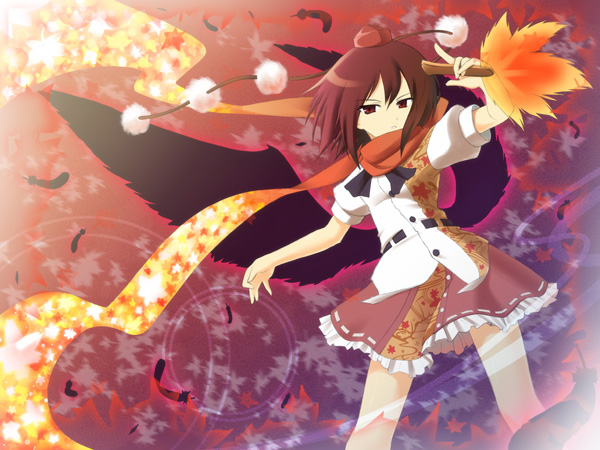 tsukina (artist), shameimaru aya, touhou, 1girl, autumn leaves, black wings, brown hair, dress shirt, feathers, female focus, hand fan, hat, leaf, looking at viewer, maple leaf, red eyes, scarf, shirt, short hair, skirt, solo, tokin hat, white shirt, wings
