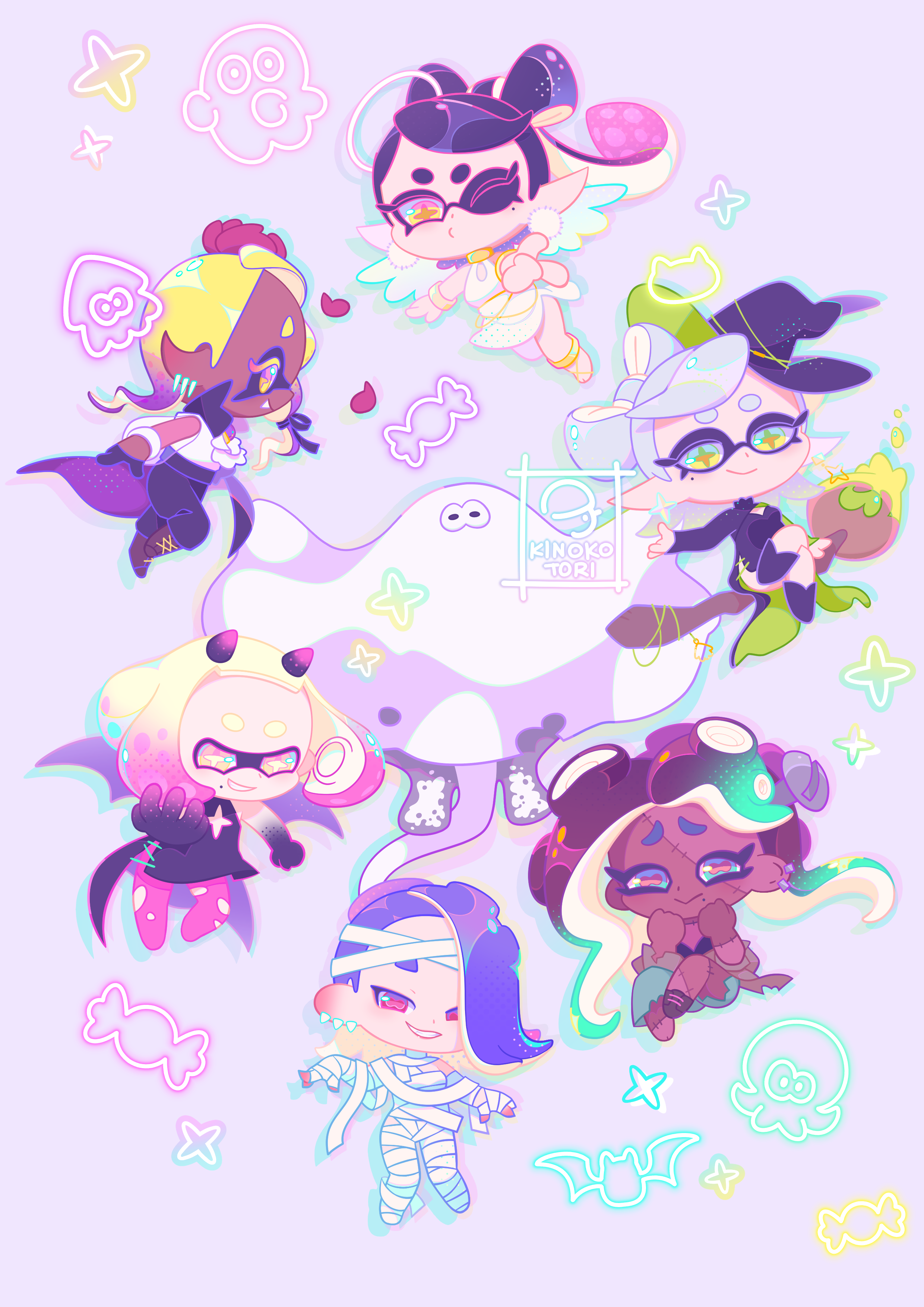 kinokorin, big man (splatoon), callie (splatoon), frye (splatoon), marie (splatoon), marina (splatoon), pearl (splatoon), shiver (splatoon), nintendo, splatoon (series), splatoon 3, absurdres, commentary, highres, 6+girls, angel, black hair, broom, broom riding, chibi, chibi only, colored extremities, demon costume, grey hair, inkling, multiple girls, mummy costume, octoling, one eye closed, pointy ears, sheet ghost, sidesaddle, signature, smile, stitched arm, stitched face, stitches, tentacle hair, vampire costume