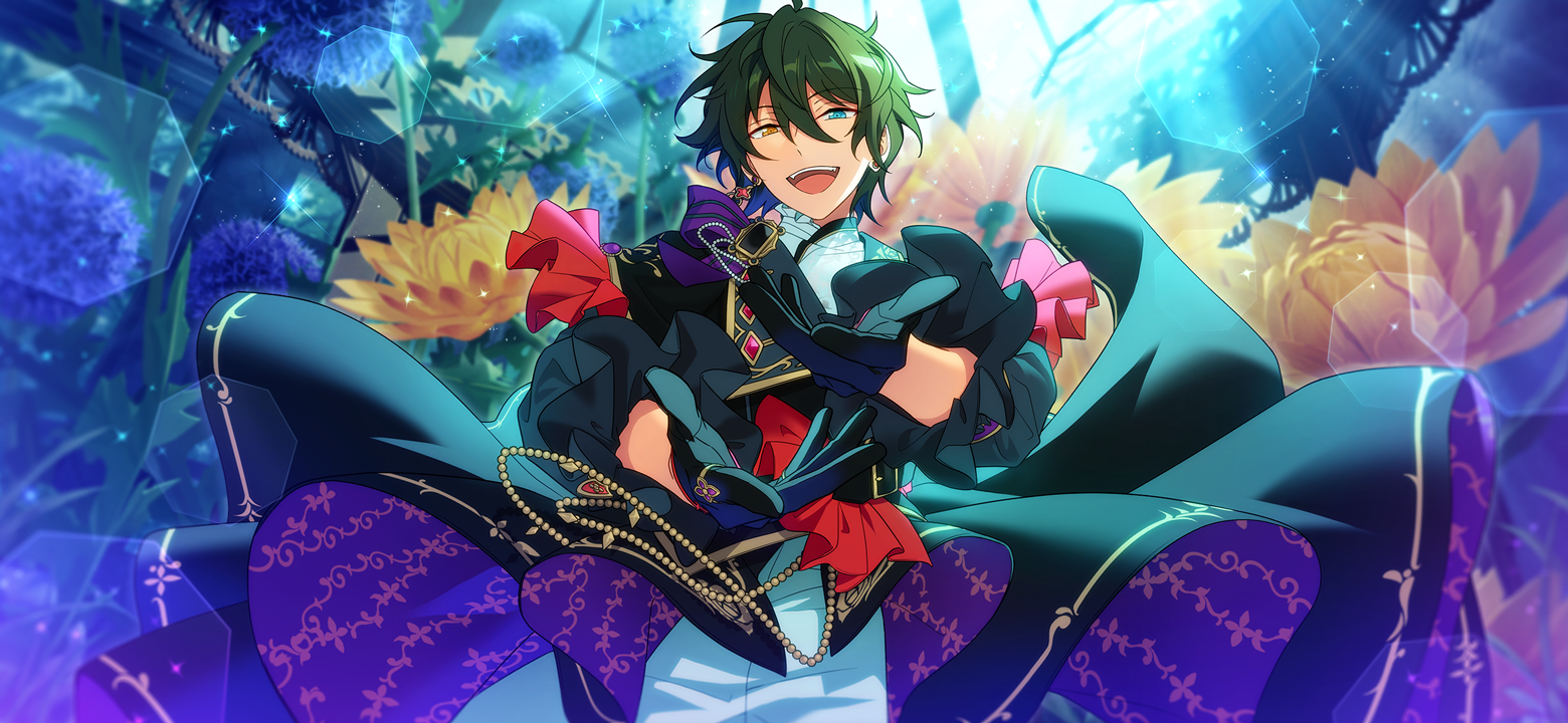 happy elements, kagehira mika, ensemble stars!, game cg, official art, third-party source, 1boy, black gloves, blue eyes, cowboy shot, earrings, flower, gloves, green hair, hair between eyes, hermitage (ensemble stars!), heterochromia, jewelry, looking at viewer, male focus, open mouth, orange eyes, outstretched arms, outstretched hand, ring, short hair, smile, solo, teeth, upper teeth only, yellow flower