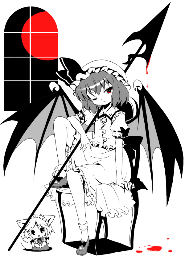 michii yuuki, inu sakuya (nejikirio), izayoi sakuya, remilia scarlet, touhou, 2girls, animal ears, bat wings, blood, dog ears, female focus, full moon, kemonomimi mode, maid, moon, multiple girls, polearm, red eyes, red moon, spear, spear the gungnir, vampire, weapon, wings