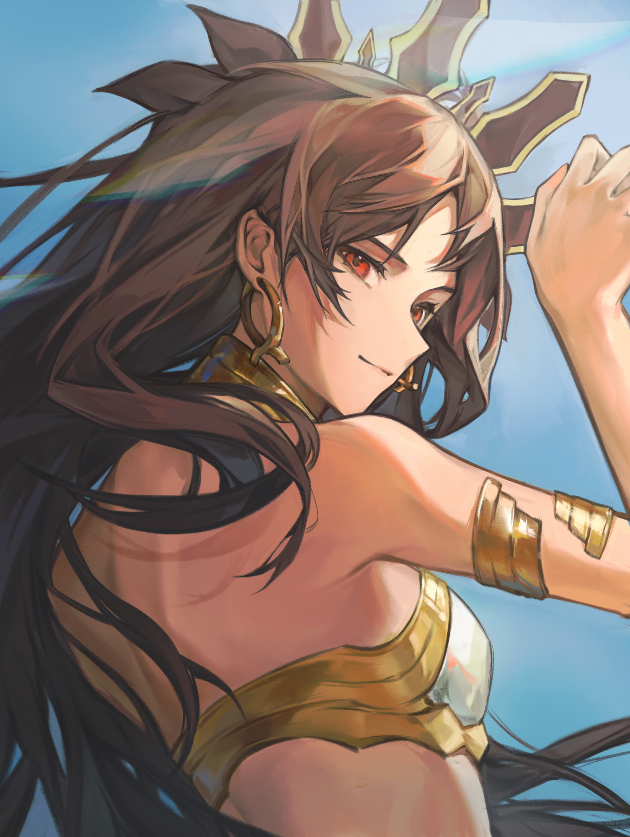 ishtar (fate), fate/grand order, fate (series), absurdres, commentary request, highres, 1girl, black hair, black ribbon, blue sky, earrings, floating hair, gold trim, hair ribbon, jewelry, long hair, looking at viewer, red eyes, ribbon, sky, smile, solo, user ypff3732, very long hair