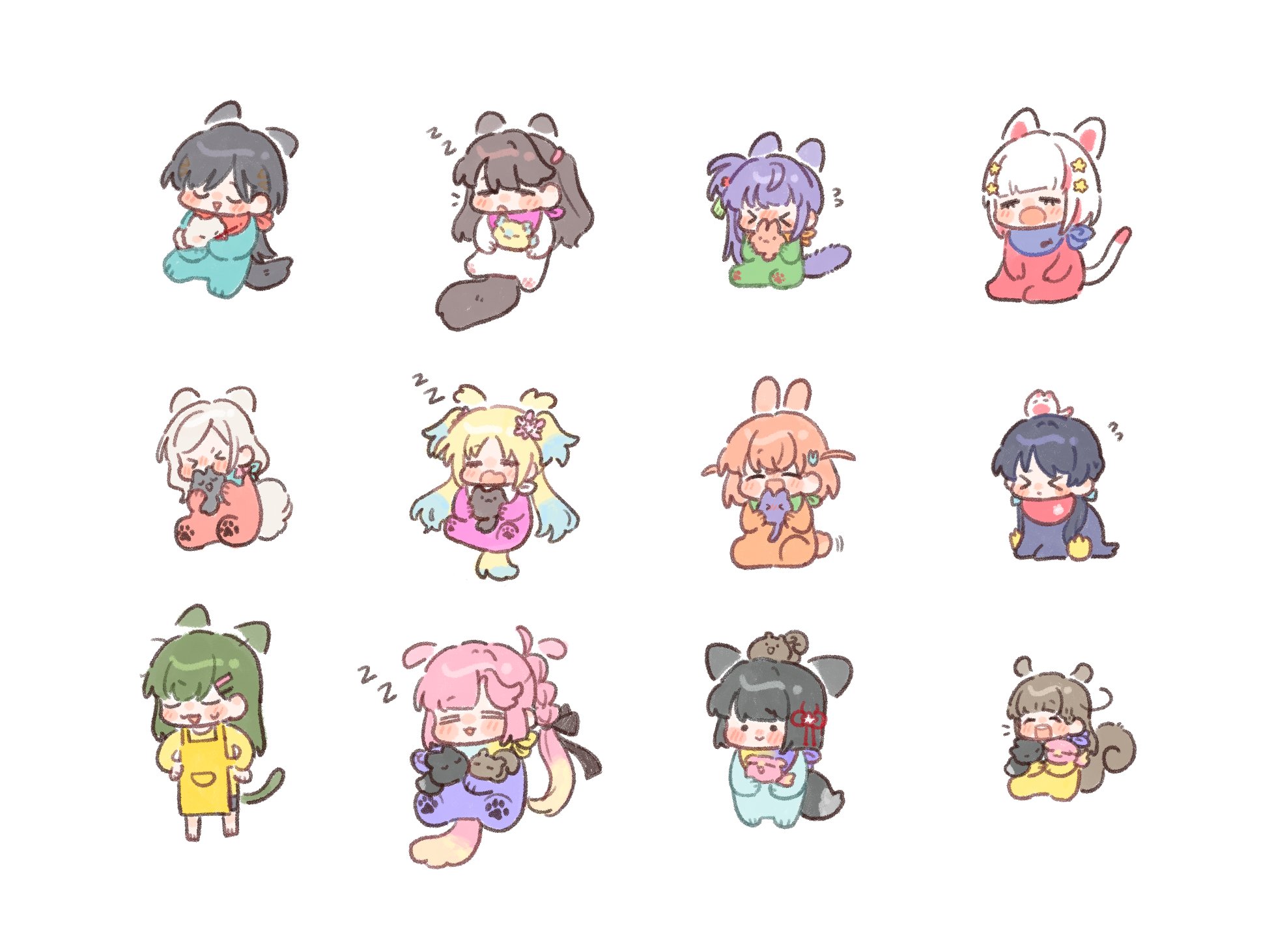 basil (wgh0anzdple3asf), anyoji hime, ceras yanagida lilienfeld, fujishima megumi, hinoshita kaho, kachimachi kosuzu, katsuragi izumi, momose ginko, murano sayaka, ogami sachi, osawa rurino, otomune kozue, yugiri tsuzuri, link! like! love live!, love live!, commentary, highres, symbol-only commentary, > <, . ., 6+girls, :>, :3, :d, = =, ^ ^, aged down, animal, animal ears, animalization, apron, baby, baby animal, bib, black hair, black ribbon, blonde hair, blue hair, blunt bangs, blush, bob cut, brown hair, cat, cat ears, cat girl, cat tail, chibi, chibi only, closed eyes, closed mouth, dog, dog ears, dog girl, dog tail, flower, flower knot, flying sweatdrops, gradient hair, green hair, hair flower, hair ornament, hair ribbon, hairclip, holding, holding animal, holding cat, holding dog, holding rabbit, kitten, long hair, multi-tied hair, multicolored hair, multiple girls, nose blush, onesie, open mouth, orange hair, parallel hairclips, person and animalization, pink flower, pink hair, ponytail, puppy, rabbit, rabbit ears, rabbit girl, rabbit tail, red hair, ribbon, short hair, side ahoge, sleeping, sleeping upright, smile, squirrel ears, squirrel girl, squirrel tail, star (symbol), star hair ornament, streaked hair, tail, triangle mouth, twintails, two side up, u u, virtual youtuber, white hair, wolf cut, yellow apron, zzz