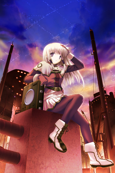 ryoumoto ken, 1girl, blonde hair, boots, female focus, gloves, leggings, long hair, pantyhose, purple eyes, skirt, solo