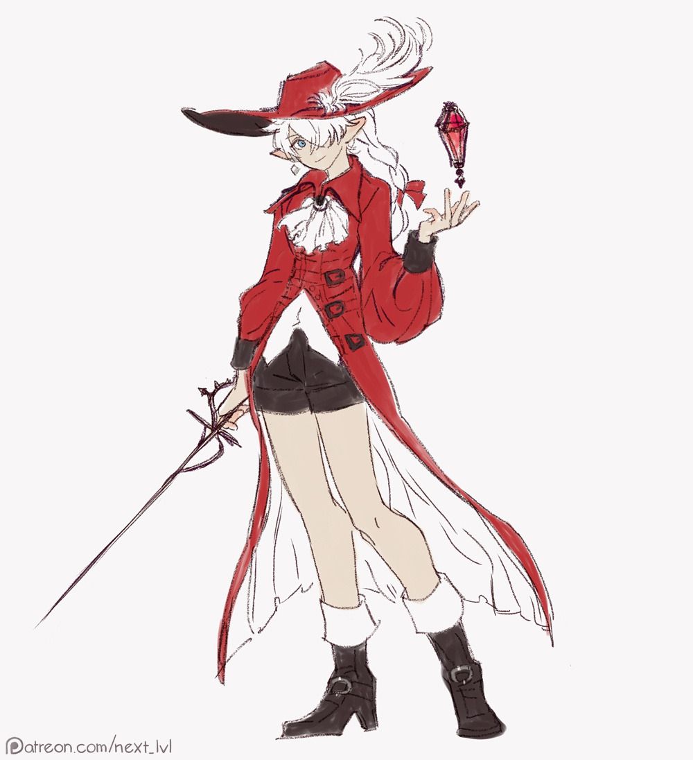next lvl, alisaie leveilleur, red mage (final fantasy), final fantasy, final fantasy xiv, commentary, english commentary, object request, 1girl, aged up, alternate costume, arm up, black boots, black shorts, blue eyes, boots, bow, closed mouth, cosplay, crystal, earrings, elezen, elf, feathers, fedora, hair bow, hair over one eye, hat, hat feather, high heel boots, high heels, holding, holding crystal, holding sword, holding weapon, jacket, jewelry, light smile, long hair, long sleeves, low-tied long hair, neckerchief, patreon logo, patreon username, plume, pointy ears, ponytail, puffy long sleeves, puffy sleeves, rapier, red bow, red hat, red jacket, red mage (final fantasy) (cosplay), shirt, short shorts, shorts, simple background, sketch, solo, sword, weapon, white background, white feathers, white hair, white neckerchief, white shirt