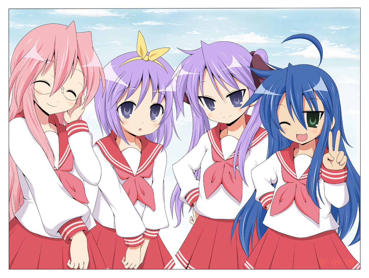 blue pony, bluepony, hiiragi kagami, hiiragi tsukasa, izumi konata, takara miyuki, lucky star, 00s, 4girls, multiple girls, school uniform, serafuku, sisters, tsurime, twins, upper body