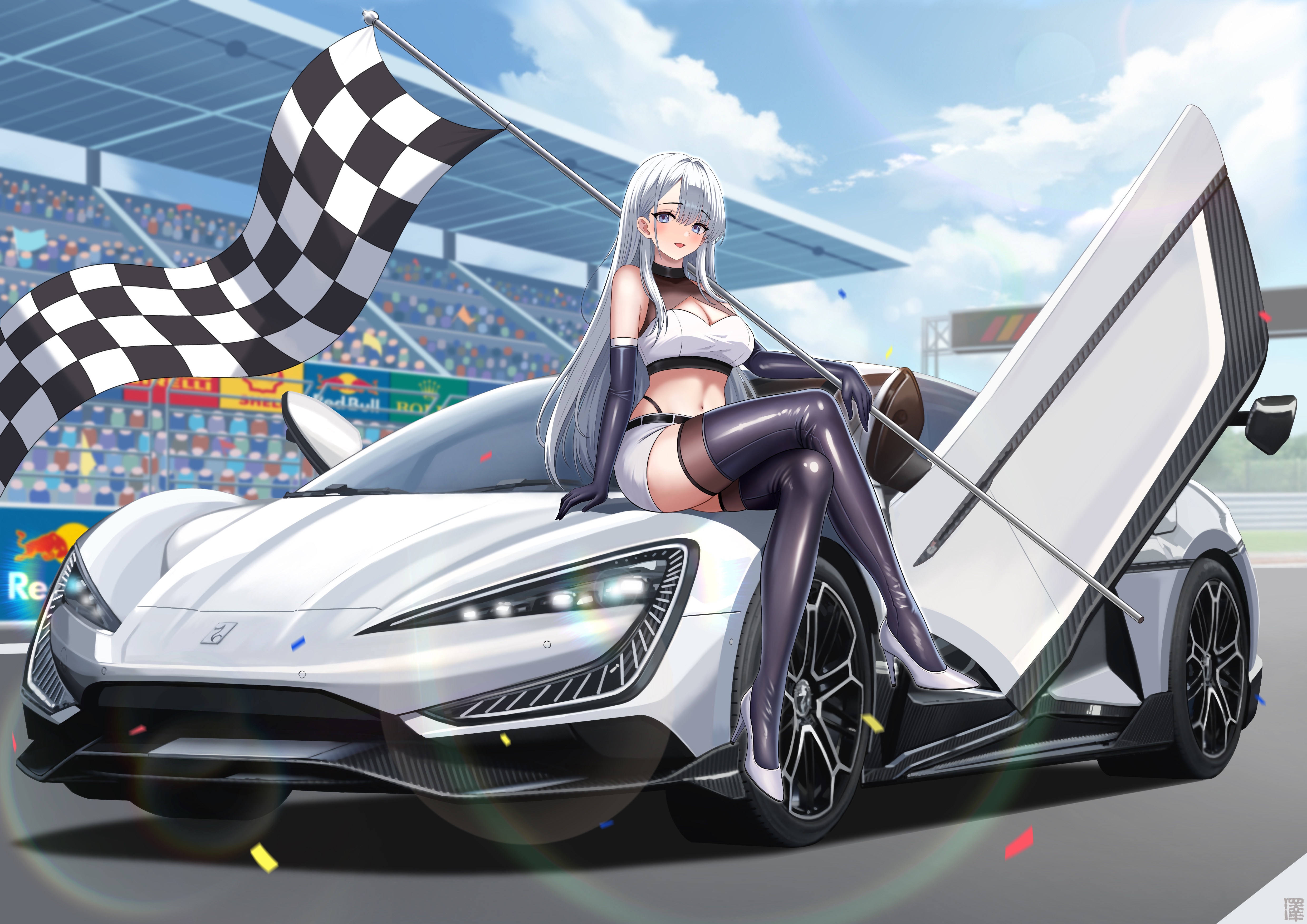 zekong pioneer, original, absurdres, highres, 1girl, belt, breasts, car, checkered flag, cleavage, cleavage cutout, clothing cutout, cloud, crossed legs, day, elbow gloves, flag, gloves, high heels, highleg, highleg panties, holding, holding flag, large breasts, motor vehicle, on car, panties, race flag, race queen, race vehicle, racecar, racetrack, skirt, sports car, thighhighs, underwear, white skirt