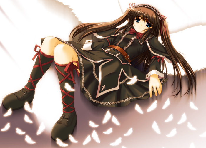 ryoumoto ken, original, 1girl, angel, brown hair, dress, female focus, long hair, socks, solo, twintails, two side up, wings