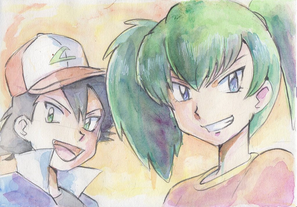 iwane masaaki, ash ketchum, duplica (pokemon), nintendo, pokemon, pokemon (anime), pokemon (classic anime), 1boy, 1girl, baseball cap, black hair, blue eyes, evil smile, green hair, hat, jacket, looking at viewer, open mouth, shirt, short hair, smile, twintails