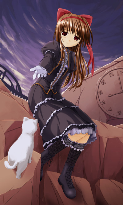 ryoumoto ken, 1girl, boots, brown hair, cat, clock, dress, female focus, gloves, hair ribbon, long hair, red eyes, ribbon, roman numeral, sky, solo