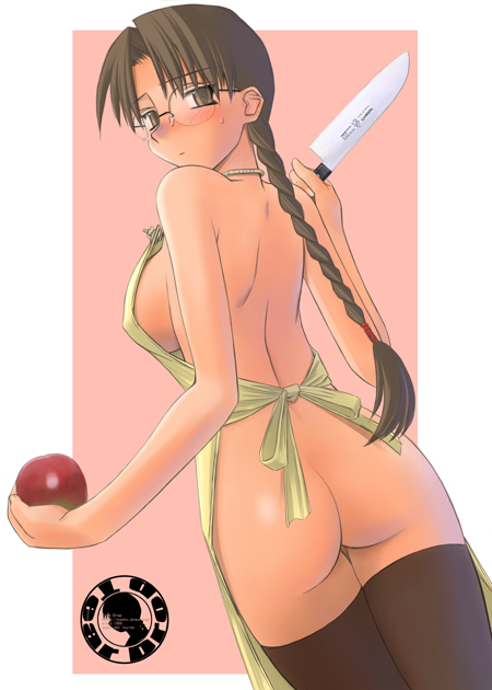 tsuina, hoshina tomoko, to heart, to heart (series), to heart 2, 00s, 1girl, apple, apron, ass, braid, breasts, brown eyes, brown hair, female focus, food, fruit, glasses, holding, holding food, holding fruit, knife, long hair, naked apron, no panties, sideboob, single braid, solo, thighhighs
