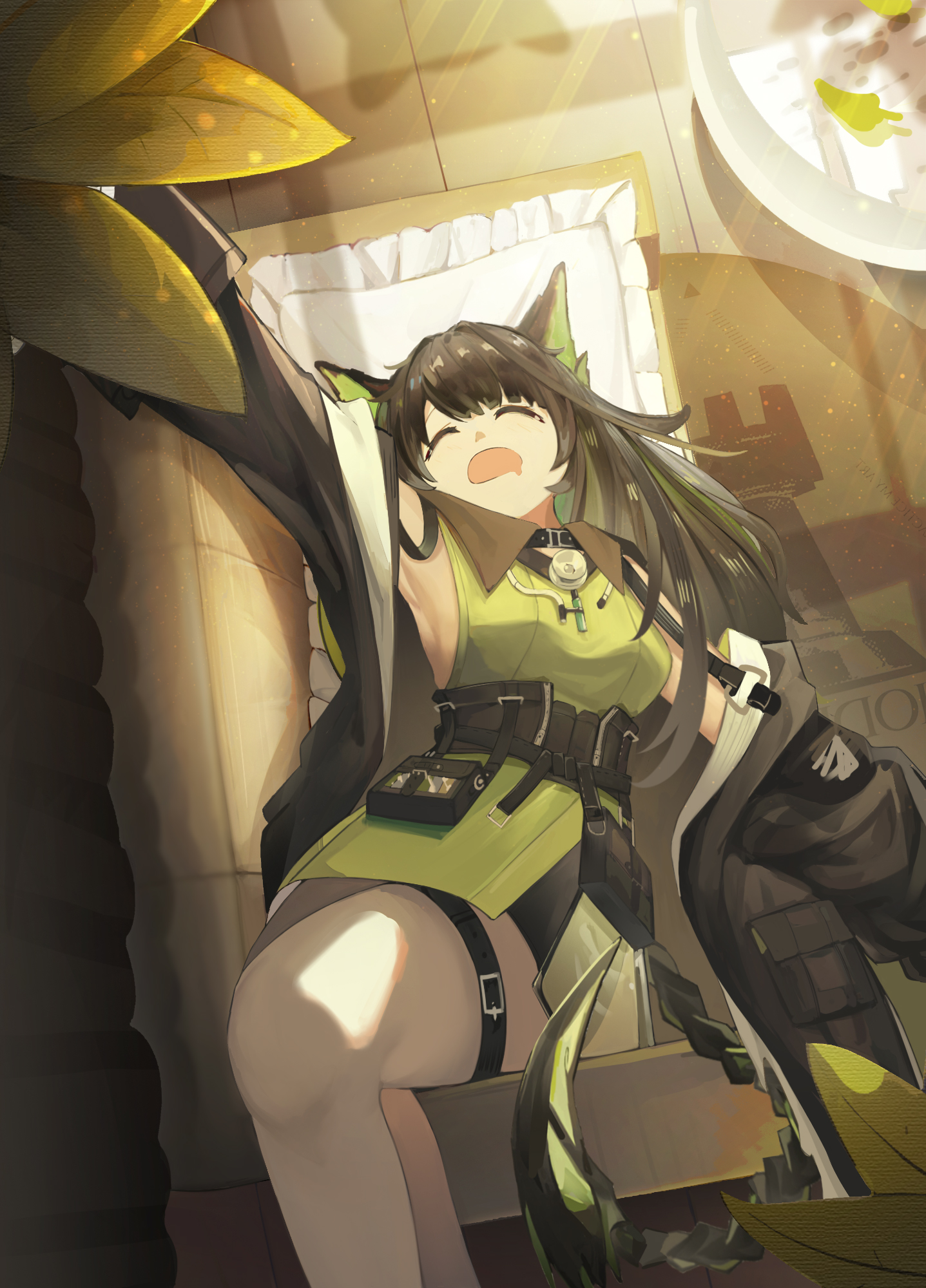 shangzi (wangmoran), mon3tr (arknights), arknights, highres, 1girl, black hair, breasts, closed eyes, coat, colored inner hair, couch, dress, green dress, green hair, lying, material growth, medium breasts, multicolored hair, on back, on couch, open clothes, open coat, open mouth, pouch, rhodes island logo (arknights), sideboob, sleeping, sleeves past fingers, sleeves past wrists, solo, streaked hair, tail, thigh strap, yawning