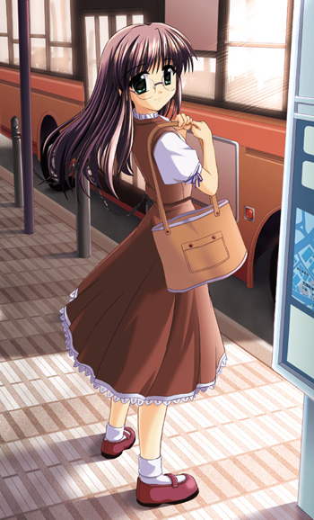 ryoumoto ken, vehicle, 1girl, bus, dress, female focus, glasses, green eyes, long hair, motor vehicle, red hair, red shoes, shoes, smile, socks, solo