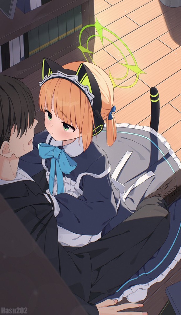 hasu202mm, midori (blue archive), midori (maid) (blue archive), sensei (blue archive), blue archive, 1boy, 1girl, animal ear headphones, animal ears, apron, artist name, blue bow, blue bowtie, bow, bowtie, cat ear headphones, cat ears, fake animal ears, fake tail, formal clothes, frilled apron, frills, green halo, halo, headphones, looking at another, maid, maid apron, maid headdress, sitting, strap slip, suit, tail, white apron