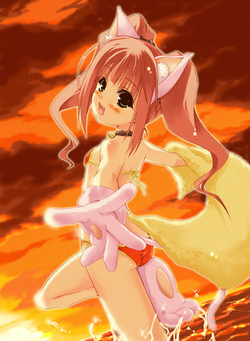 sakura nitouhei, takatsuki yayoi, idolmaster, idolmaster (classic), idolmaster 1, 00s, 1girl, animal ears, bikini, cat ears, female focus, gloves, green eyes, ocean, open mouth, paw shoes, red hair, shoes, solo, sunset, swimsuit, twintails