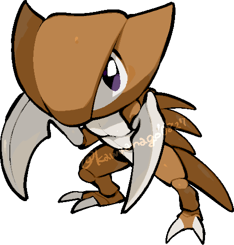 kawaanago, kabutops, nintendo, pokemon, commentary request, lowres, blade arm, chibi, chibi only, full body, gen 1 pokemon, no humans, pokemon (creature), pokemon focus, solo, standing, transparent background, twitter username