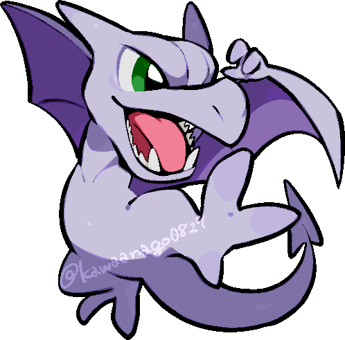 kawaanago, aerodactyl, nintendo, pokemon, commentary request, lowres, animal focus, chibi, chibi only, full body, gen 1 pokemon, green eyes, lower teeth only, no humans, open mouth, pokemon (creature), pokemon focus, pterosaur, sharp teeth, solo, teeth, tongue, transparent background, twitter username