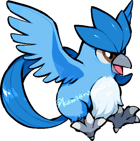 kawaanago, articuno, nintendo, pokemon, commentary request, lowres, animal focus, bird, brown eyes, chibi, chibi only, full body, gen 1 pokemon, legendary pokemon, no humans, open mouth, pokemon (creature), pokemon focus, solo, transparent background, twitter username