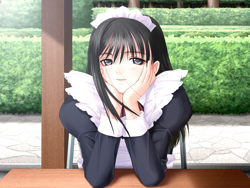 tony taka, watase nozomi, genmukan, game cg, 00s, 1girl, black hair, blush, day, female focus, grey eyes, long hair, maid, outdoors, smile, solo