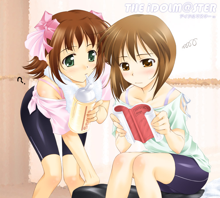 igul, amami haruka, hagiwara yukiho, idolmaster, idolmaster (classic), idolmaster 1, 00s, bike shorts, latex, ribbon, short hair