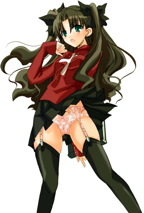 hizuki yayoi, tohsaka rin, fate/stay night, fate (series), 00s, 1girl, black thighhighs, book, female focus, garter belt, lingerie, long hair, looking at viewer, panties, pantyshot, ribbon, simple background, skirt, solo, sweater, thighhighs, turtleneck, twintails, underwear, upskirt, white background, wind, wind lift