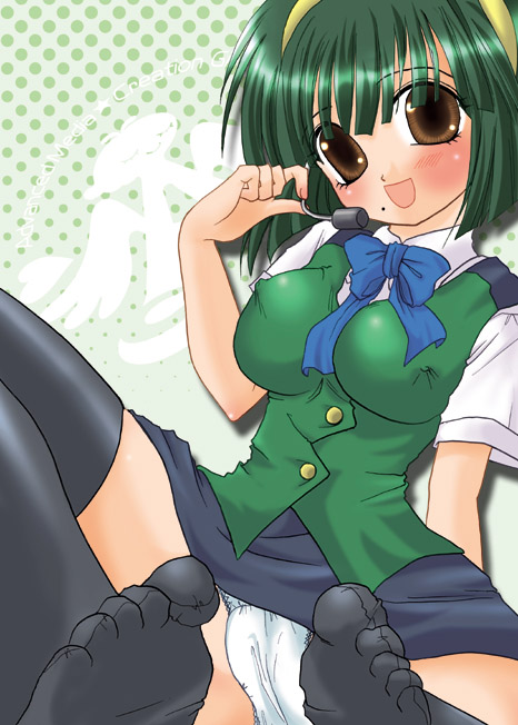 yashahime (dolcevite), otonashi kotori, idolmaster, idolmaster (classic), idolmaster 1, 00s, 1girl, black thighhighs, blue bow, blue bowtie, bow, bowtie, breasts, brown eyes, covered erect nipples, female focus, green hair, large breasts, mole, mole under mouth, panties, short hair, solo, thighhighs, underwear, white panties