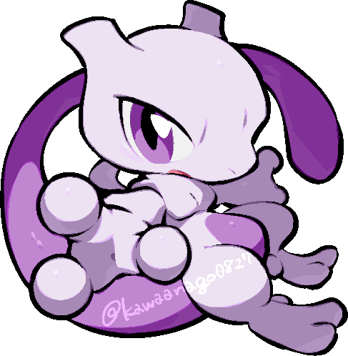kawaanago, mewtwo, nintendo, pokemon, commentary request, lowres, chibi, chibi only, full body, gen 1 pokemon, legendary pokemon, open mouth, outstretched arm, pokemon (creature), pokemon focus, purple eyes, solo, transparent background, twitter username