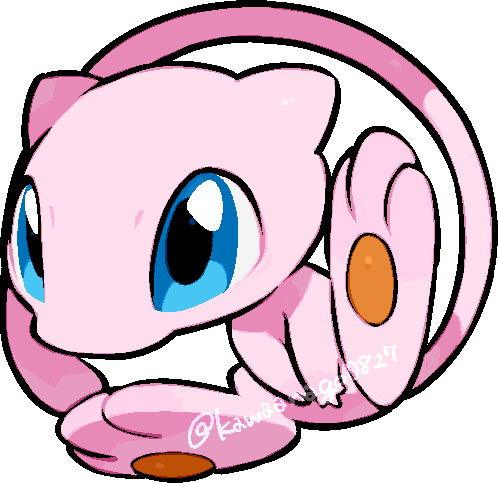 kawaanago, mew (pokemon), nintendo, pokemon, commentary request, lowres, blue eyes, chibi, chibi only, full body, gen 1 pokemon, legendary pokemon, mythical pokemon, no humans, pokemon (creature), pokemon focus, solo, transparent background, twitter username