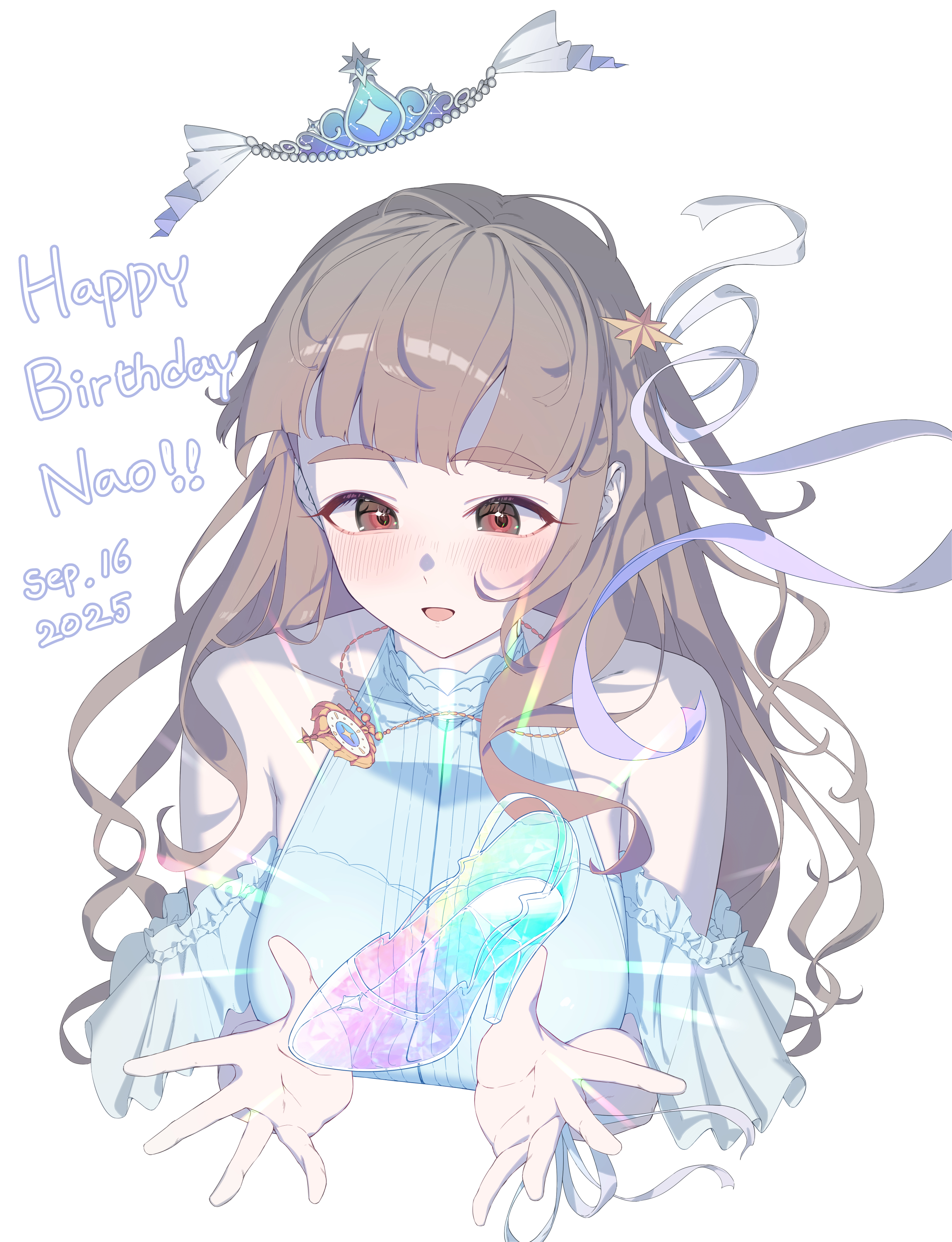 hear (kpmf4732), kamiya nao, idolmaster, idolmaster cinderella girls, idolmaster cinderella girls starlight stage, absurdres, commentary request, highres, 1girl, arm garter, armpit crease, bare shoulders, blush, breasts, brown eyes, brown hair, character name, collarbone, cropped torso, dated, dress, floating, floating hair, glowing, gradient ribbon, hair ornament, halter dress, halterneck, hands up, happy birthday, high heels, jewelry, long hair, medium breasts, multicolored eyes, necklace, open mouth, pink ribbon, red eyes, ribbon, see-through clothes, see-through footwear, shoes, sidelocks, simple background, single shoe, sleeveless, sleeveless dress, smile, solo, star (symbol), star hair ornament, thick eyebrows, tiara, unworn shoes, upper body, white background, white dress, white ribbon