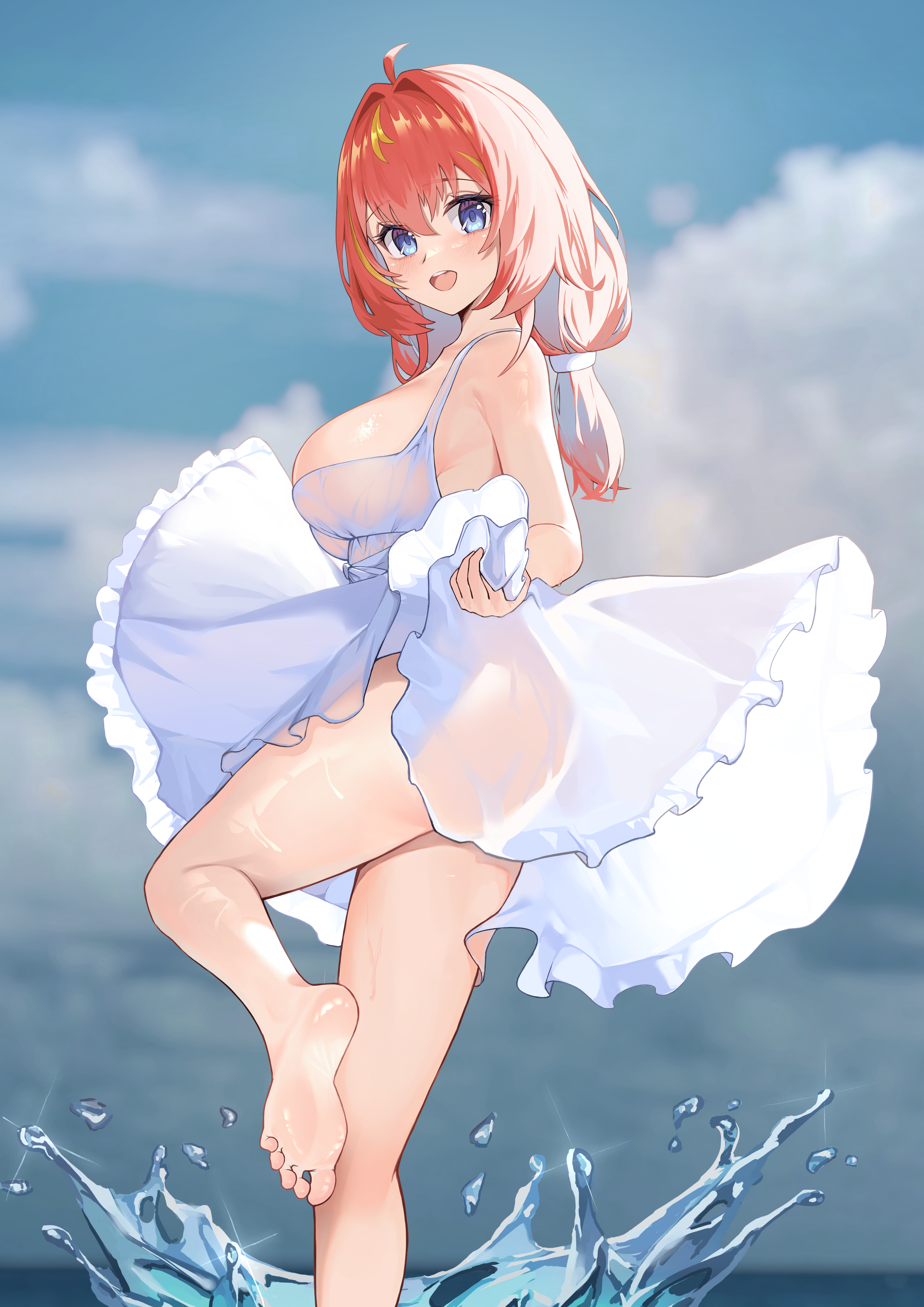 yitian9484, tess kotkin, snowbreak: containment zone, absurdres, highres, 1girl, bare back, bare legs, bare shoulders, barefoot, blue eyes, breasts, large breasts, long skirt, looking at viewer, looking back, no bra, no panties, ponytail, red hair, skirt, soles, water, white skirt