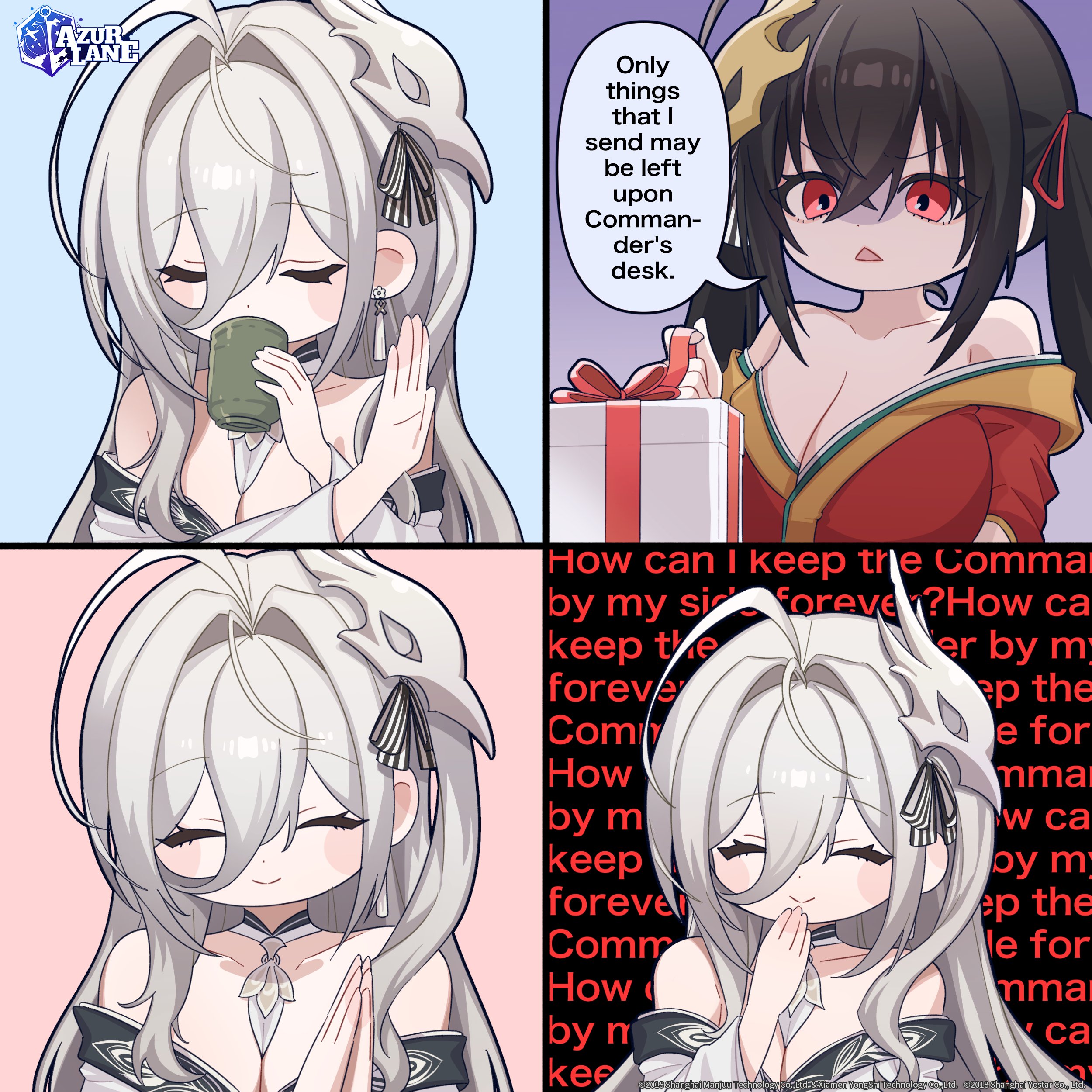 hakuhou (azur lane), taihou (azur lane), azur lane, absurdres, artist request, commentary, english commentary, highres, official art, second-party source, 2girls, black hair, blue background, blush stickers, box, breasts, closed eyes, closed mouth, collarbone, crossed bangs, cup, earrings, english text, gift, gift box, grey hair, hair between eyes, hair intakes, hair ribbon, holding, holding cup, huge breasts, japanese clothes, jewelry, kimono, mask, mask on head, multiple girls, own hands together, pink background, red eyes, red kimono, ribbon, shaded face, triangle mouth, twintails, v-shaped eyebrows