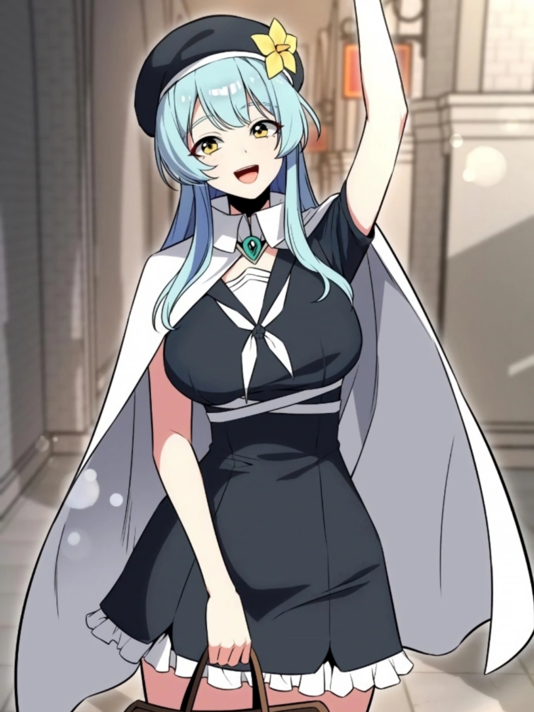 highres, 1girl, blue hair, greeting, i killed the player of the academy, marie dunareff, smile, yellow eyes